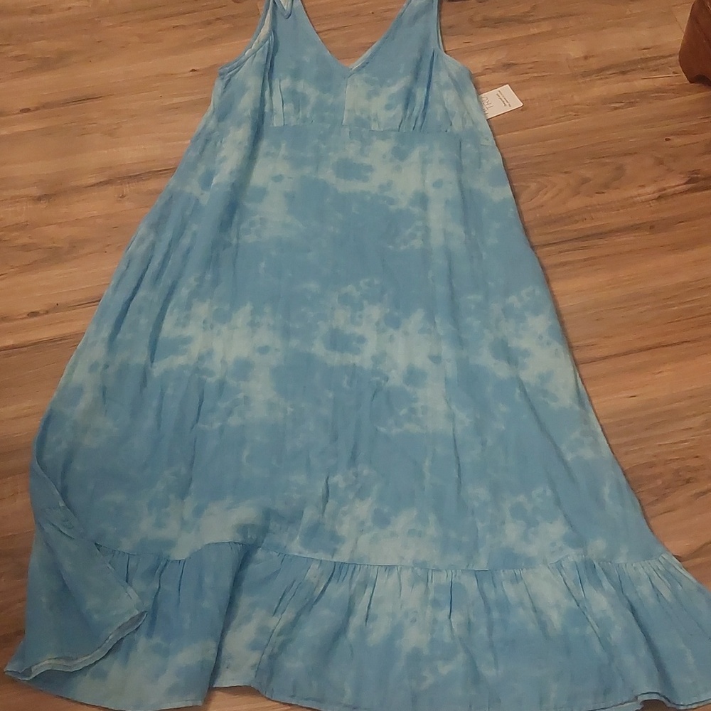 Time And Tru Blue Tie Dye Ruffle Tie Shoulder Midi Dress Sz L - Picture 5 of 17